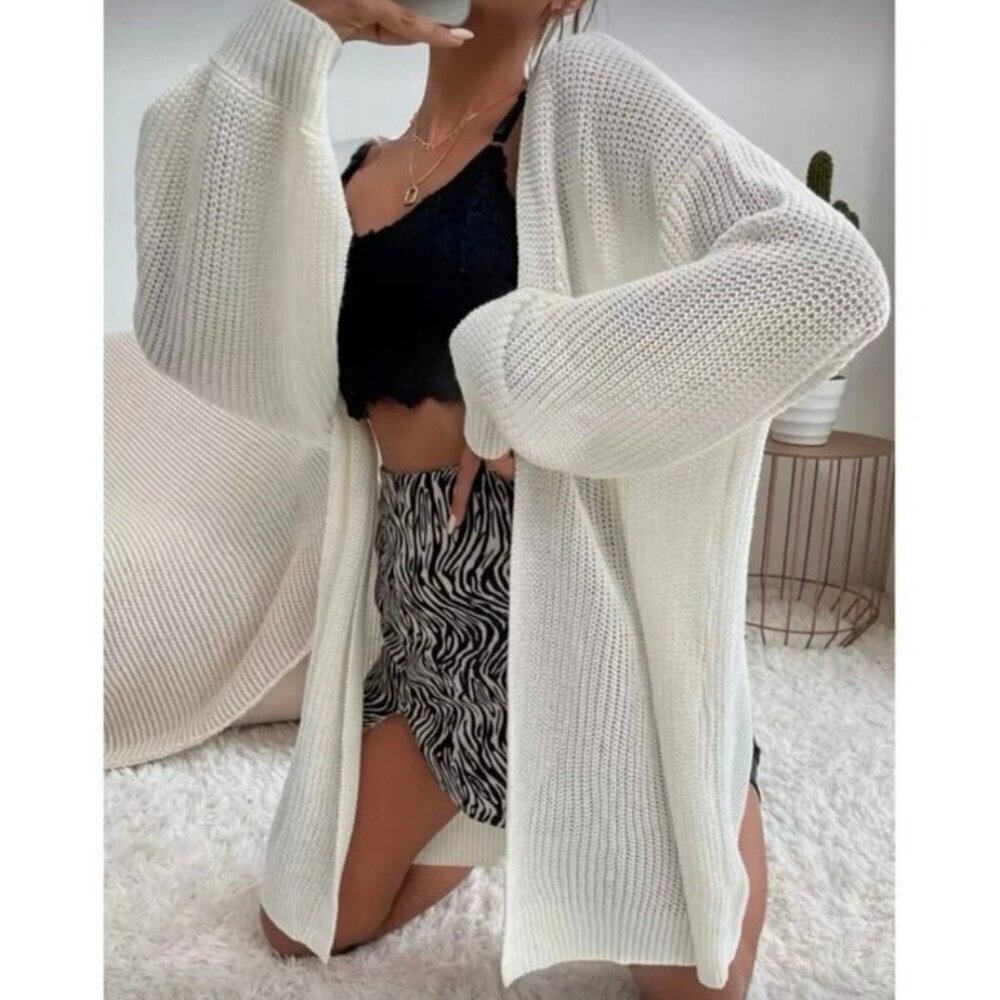SHEIN White Oversized Open Front Longline Cardigan Sweater Womens Size Small EUC